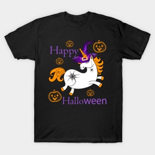 Enchanted Halloween: a baby unicorn in a wizard's hat with a spider web tattoo and a spider earring, against a Jack-o'-Lanterns background T-Shirt